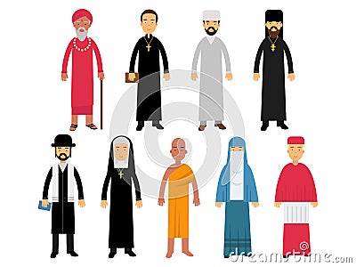 Religion ministers set, representatives of buddhism, representatives of catholicism, islam, orthodoxy, hinduism, judaism Vector Illustration