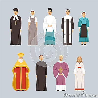 Religion people characters set, men and women of different religious confessions in traditional clothes Vector Illustration