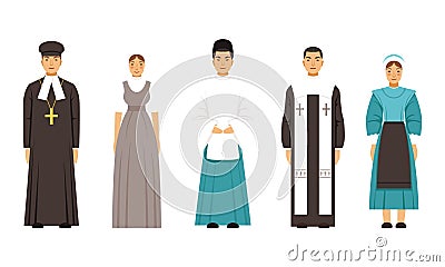 Religion People Characters in Traditional Clothes Collection, Mormon, Shinto Priest, Mennonite or Amich, Catholic Priest Vector Illustration