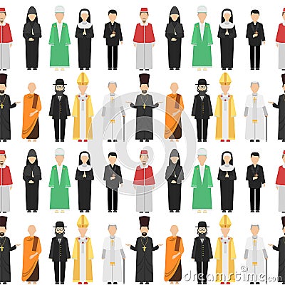 Religion people characters vector group of different nationalities human wearing traditional clothes seamless pattern Vector Illustration