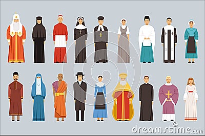 Religion people set, men and women of different religious confessions in traditional clothes Vector Illustration