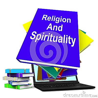 Religion And Spirituality Book Laptop Stack Shows Religious Spiritual Books Stock Photo