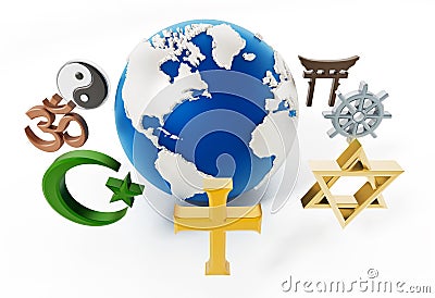 Religion symbols around earth on white background. 3D illustration Cartoon Illustration