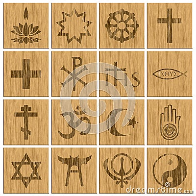 Religion Symbols Religious Wooden Buttons Stock Photo