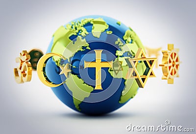 Religion symbols scattered around earth . 3D illustration Cartoon Illustration