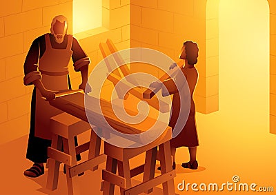 Saint Joseph is working as a carpenter with the boy Jesus Vector Illustration