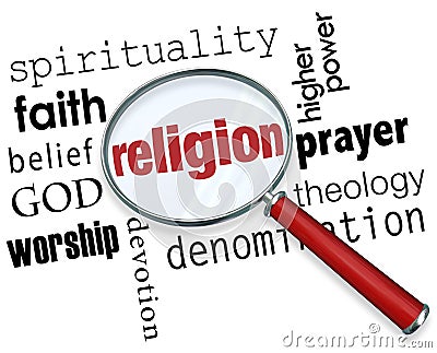 Religion Word Magnifying Glass God Spirituality Faith Belief Stock Photo