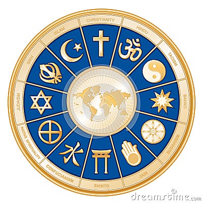 Religions of the World Gold Mandala Wheel, Earth Map Vector Illustration