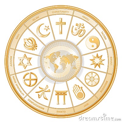Religions of the World Gold Mandala Wheel, Earth Map, White Background Vector Illustration