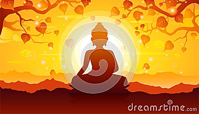 Buddha sitting under bodhi tree on sunset background-Magha Puja, Asanha Puja,Visakha Puja Day, Buddhist holiday concept. Vector Illustration