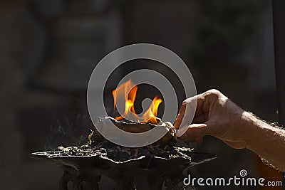 Religious buddhist ritual in Kathmandu Stock Photo