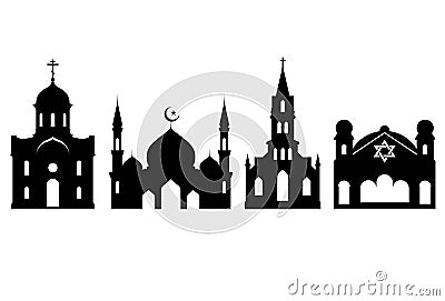 Religious buildings, church, mosque and synagogue, silhouette of cathedral Vector Illustration