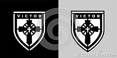 Religious Christian cross icon on shield badge Vector Illustration