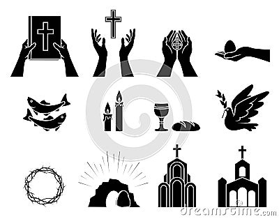 Religious Christian symbols and signs. Set of icons Vector Illustration