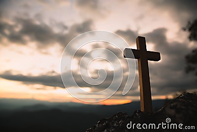 Religious concepts. Christian wooden cross on a background with dramatic lighting, Jesus Christ cross, Easter, resurrection Stock Photo