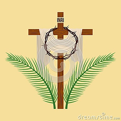 Religious cross crown and palm branches Vector Illustration