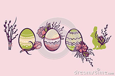 Religious Easter holiday. A set of emblems with Easter painted eggs, flowers, willows and rabbit. Collection. Vector Illustration