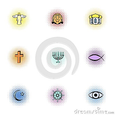 Religious faith icons set, pop-art style Vector Illustration