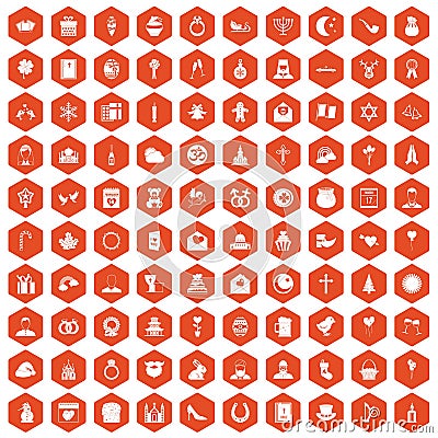 100 religious festival icons hexagon orange Vector Illustration