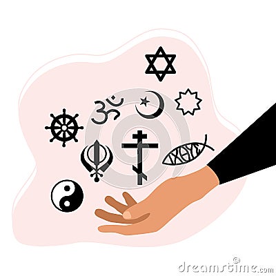 Religious Freedom day poster.Hand holding various spiritual symbols.Human Solidarity.Our unity in diversity. Vector Illustration