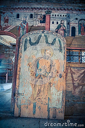 Religious fresco on a wooden panel Stock Photo