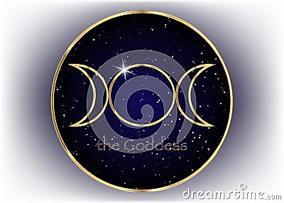 Religious gold sign. Wicca and Neopaganism. Triple Goddess, universe background Vector Illustration