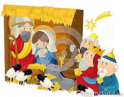 Religious illustration holy family three kings and shooting star - traditional scene Cartoon Illustration