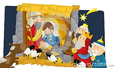 Religious illustration holy family three kings and shooting star Cartoon Illustration