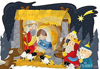Religious illustration holy family three kings and shooting star Cartoon Illustration