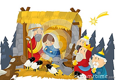 Religious illustration holy family three kings and shooting star Cartoon Illustration