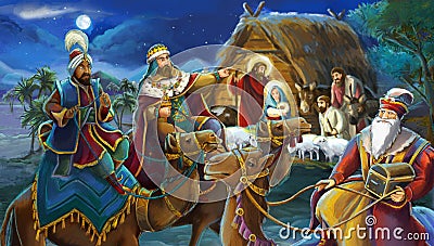 Religious illustration three kings - and holy family - traditional scene Cartoon Illustration