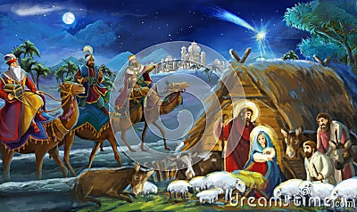 Religious illustration three kings - and holy family - traditional scene Cartoon Illustration
