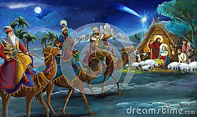 Religious illustration three kings - and holy family - traditional scene Cartoon Illustration