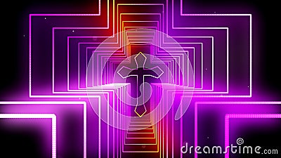 Religious Pink Purple Orange Tunnel Glowing Light Cross Jesus Christianity Symbol Neon Lines With Glitter Stock Photo