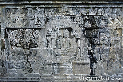 Religious Place lintel on the wall of Borobudur, Java, Indonesia Stock Photo
