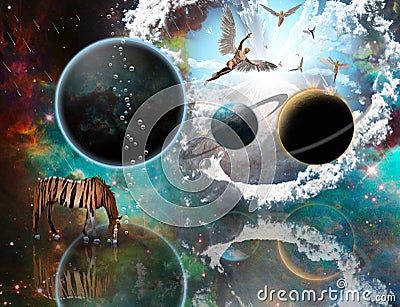 Religious planetary surrealism Stock Photo