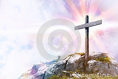 Religious representation with cross on top of a hill Cartoon Illustration