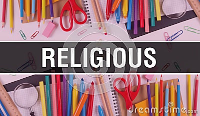 Religious with School supplies on blackboard Background. Religious text on blackboard with school items and elements. Back to Stock Photo