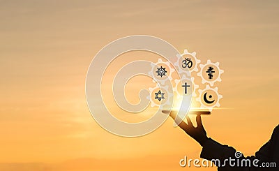 Religious symbols. Christianity cross, Islam crescent, Buddhism dharma wheel, Hinduism aum, Judaism David star, Eastern orthodox Stock Photo