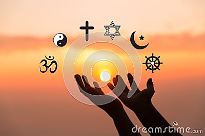 Religious symbols. Christianity cross, Islam crescent, Buddhism dharma wheel, Hinduism aum, Judaism David star, Taoism yin yang, Stock Photo