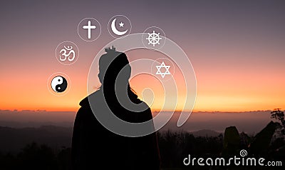 Religious symbols. Christianity cross, Islam crescent, Buddhism dharma wheel, Hinduism aum, Judaism David star, Taoism yin yang, Stock Photo