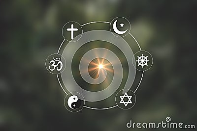 Religious symbols. Christianity cross, Islam crescent, Buddhism dharma wheel, Hinduism aum, Judaism David star, Taoism yin yang, Stock Photo