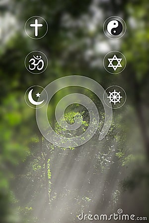 Religious symbols. Christianity cross, Islam crescent, Buddhism dharma wheel, Hinduism aum, Judaism David star, Taoism yin yang, Stock Photo