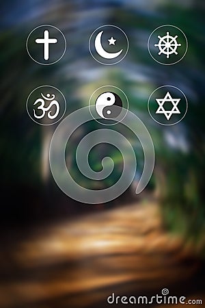 Religious symbols. Christianity cross, Islam crescent, Buddhism dharma wheel, Hinduism aum, Judaism David star, Taoism yin yang, Stock Photo