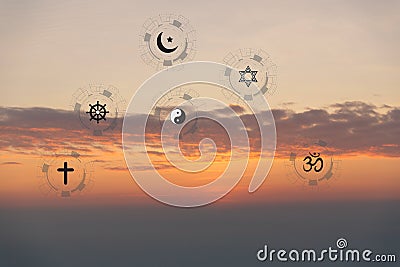 Religious symbols. Christianity cross, Islam crescent, Buddhism dharma wheel, Hinduism aum, Judaism David star, Taoism yin yang, Stock Photo