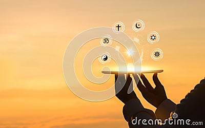 Religious symbols. Christianity cross, Islam crescent, Buddhism dharma wheel, Hinduism aum, Judaism David star, Taoism yin yang, Stock Photo