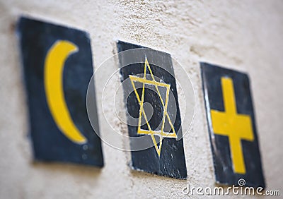 Religious symbols: islamic crescent, jewish David's star, christian cross Stock Photo