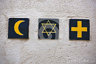 Religious symbols: islamic crescent, jewish David's star, christian cross Stock Photo