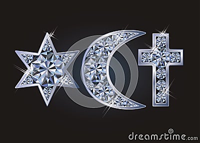 Religious symbols jewish David`s star, islamic crescent, christian cross Vector Illustration