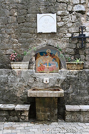 Religious symbols of the Orthodox Church in the town of Kotor Stock Photo